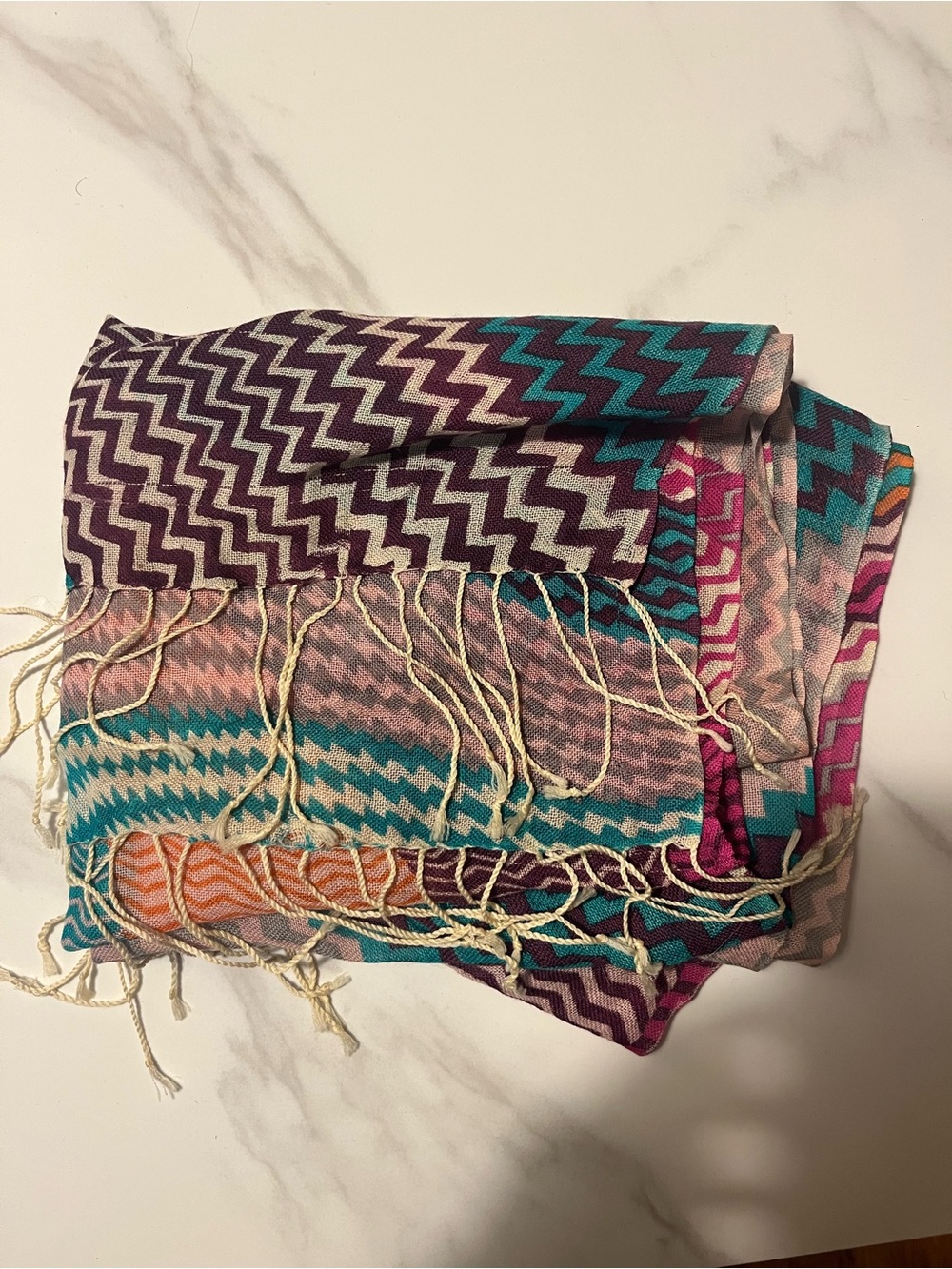 Multicolor Chevron Fringe Scarf - Purple, Teal & Pink